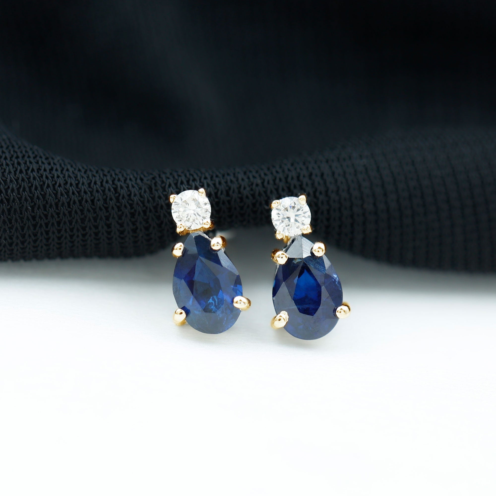 Pear Cut Blue Sapphire Diamond Two Stone Stud Earrings