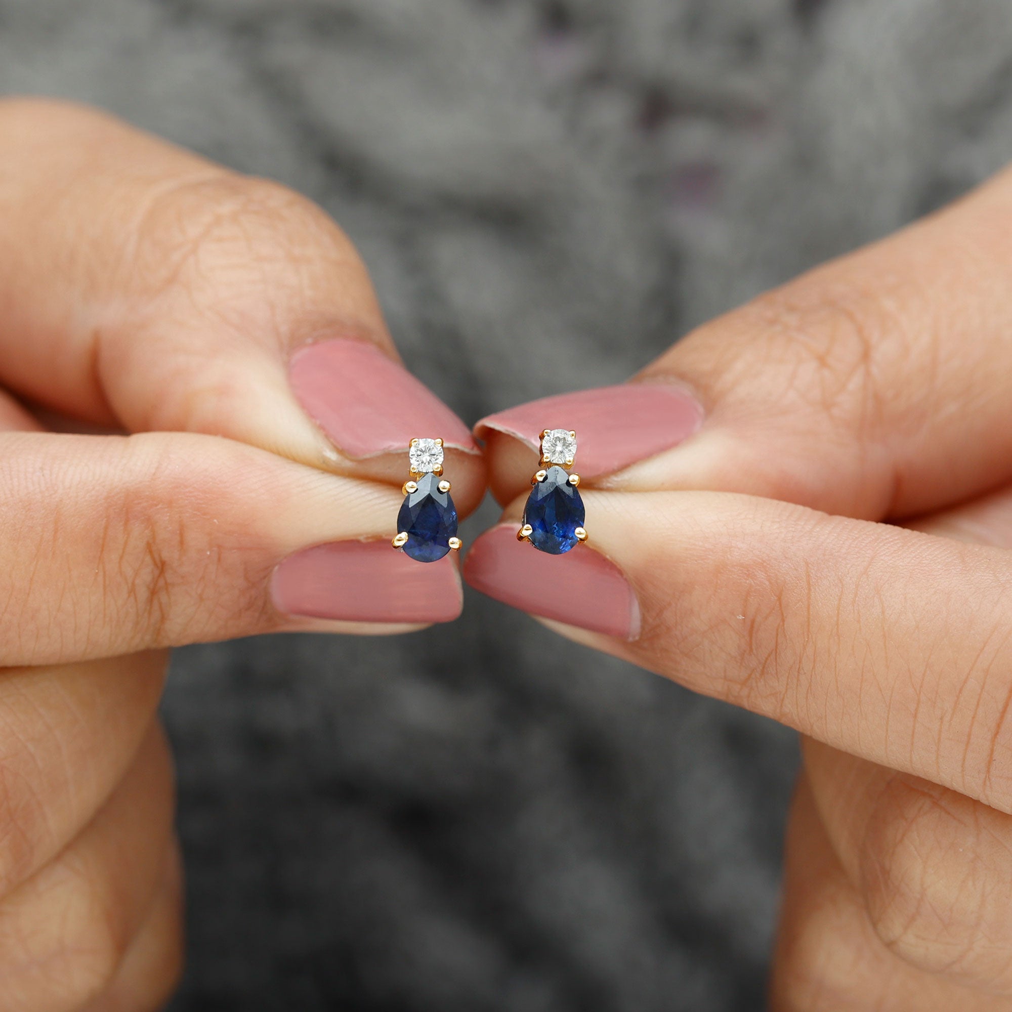 Pear Cut Blue Sapphire Diamond Two Stone Stud Earrings