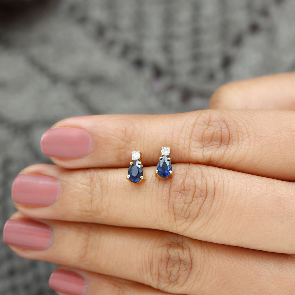 Pear Cut Blue Sapphire Diamond Two Stone Stud Earrings