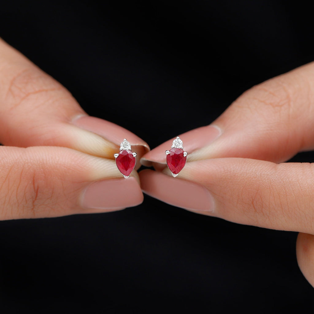 Pear Cut Ruby and Diamond Stud Earrings For Women