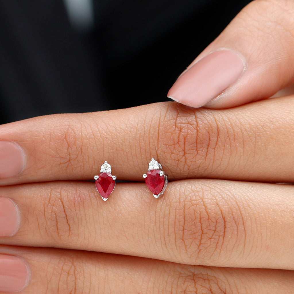 Pear Cut Ruby and Diamond Stud Earrings For Women