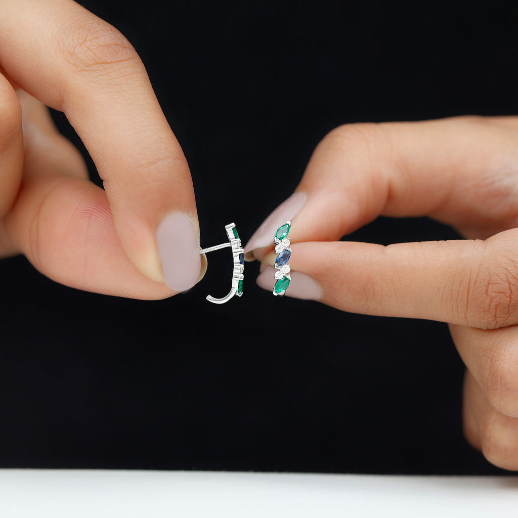 Marquise Cut Lab Created Blue Sapphire and Emerald Hoop Earrings with Moissanite
