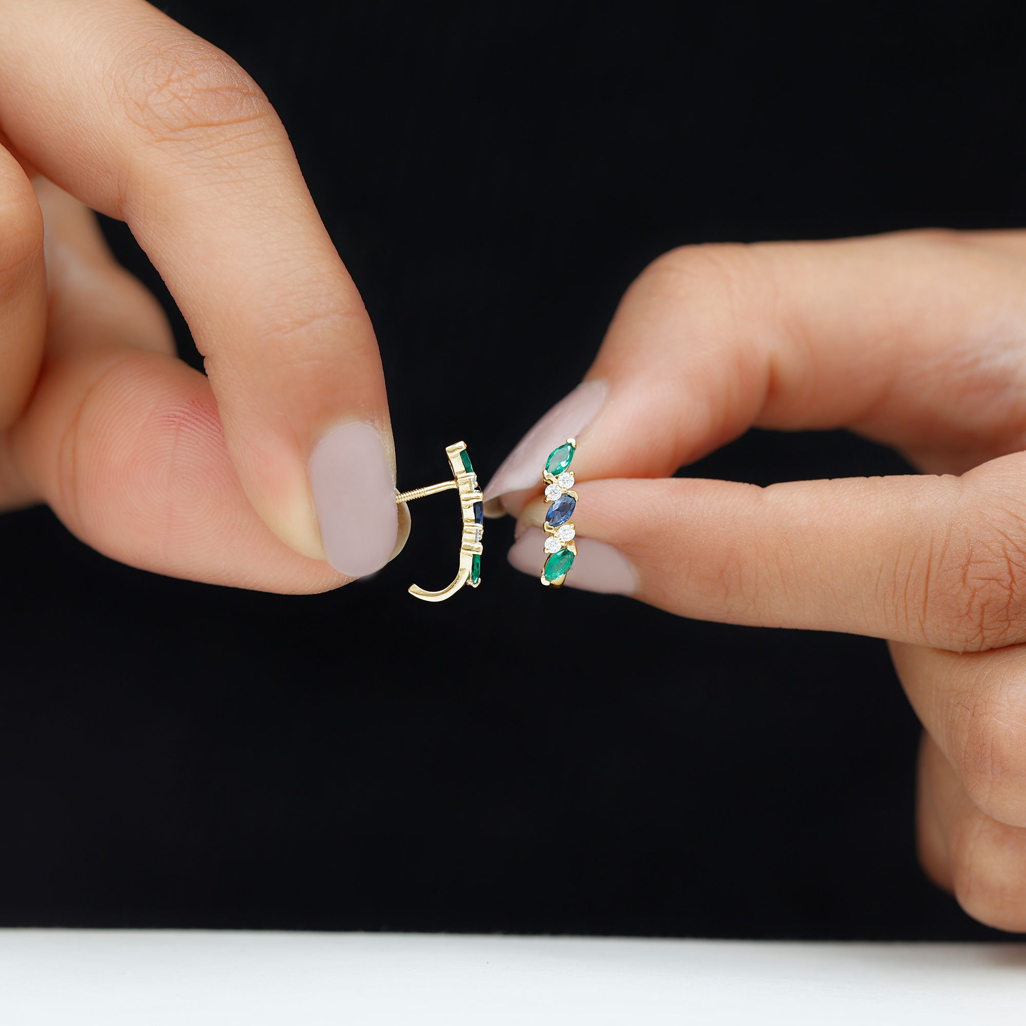 Marquise Cut Lab Created Blue Sapphire and Emerald Hoop Earrings with Moissanite