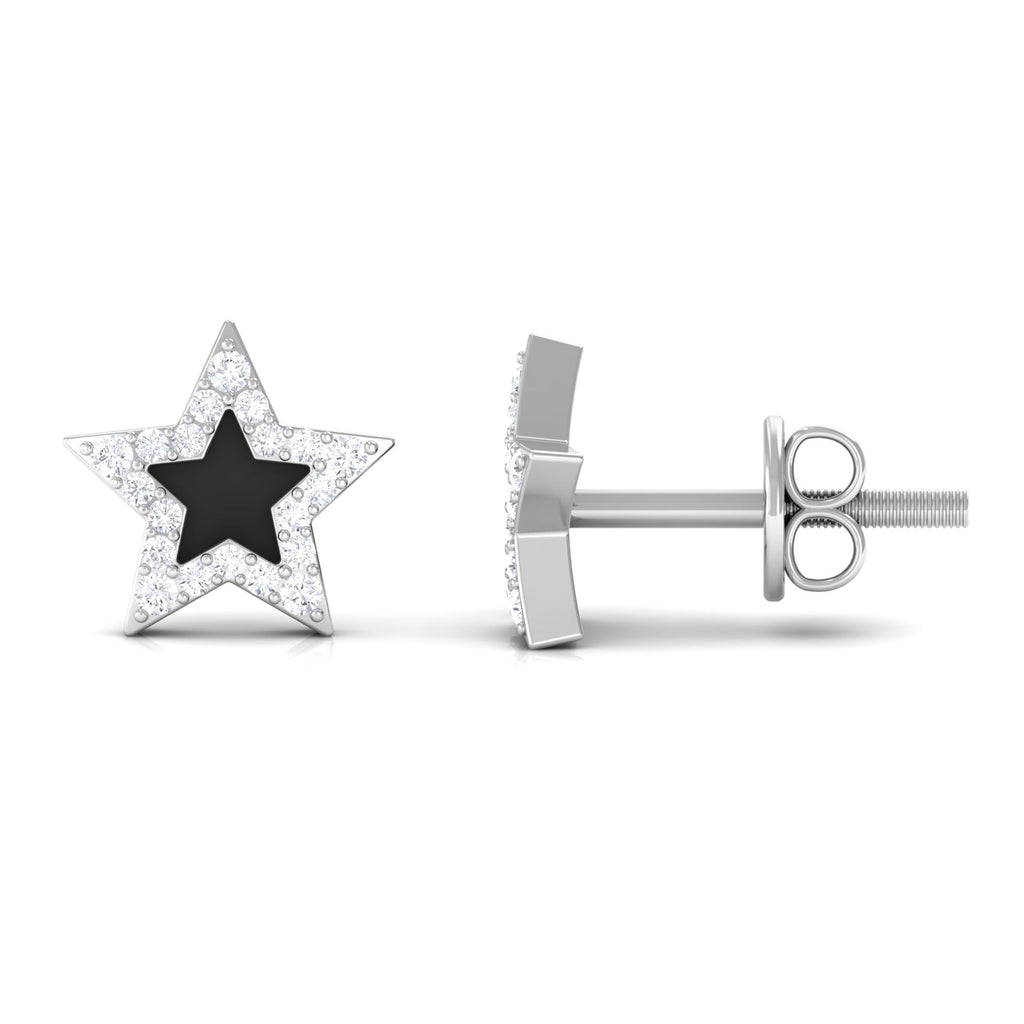 Natural Diamond Star Earrings with Black Enamel