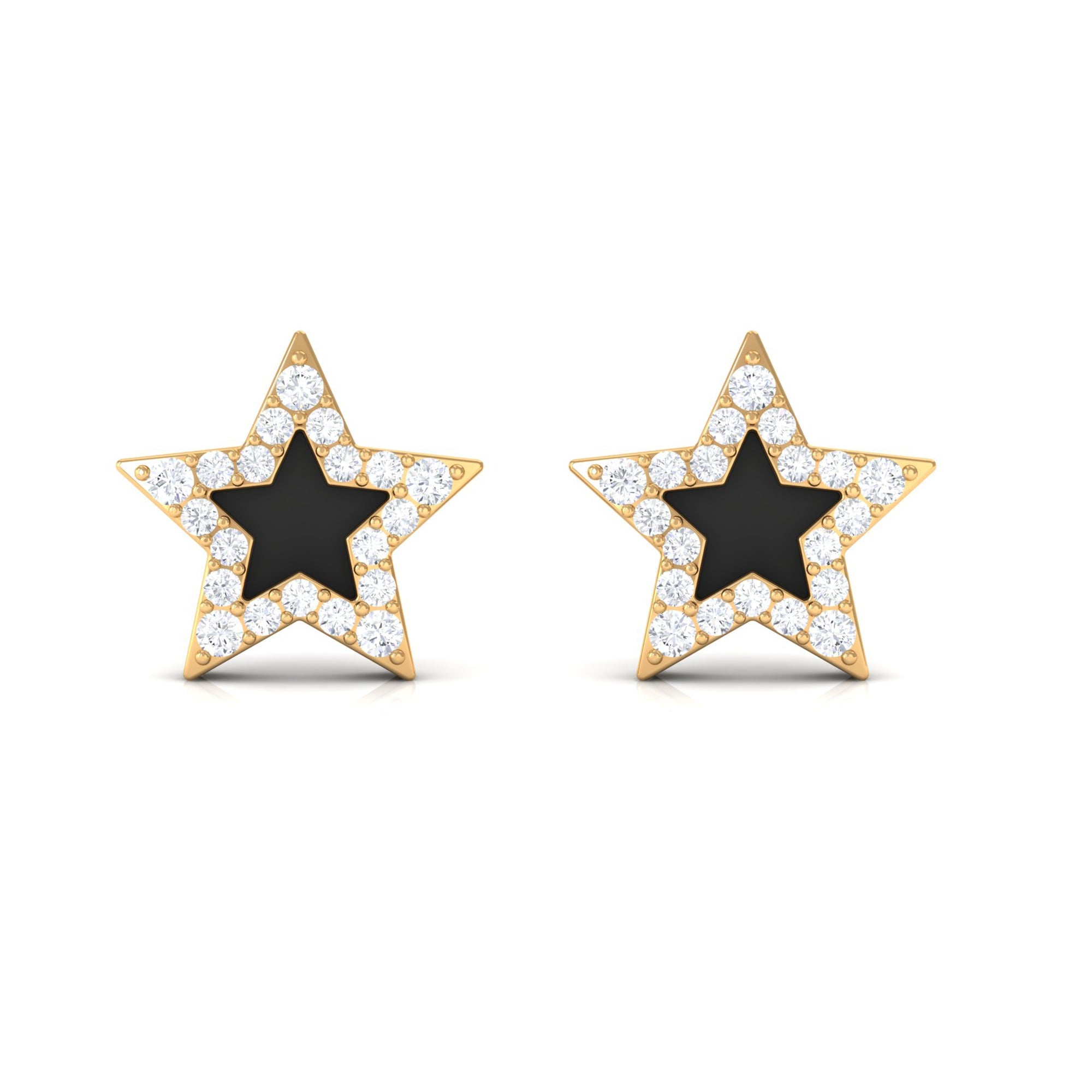 Natural Diamond Star Earrings with Black Enamel