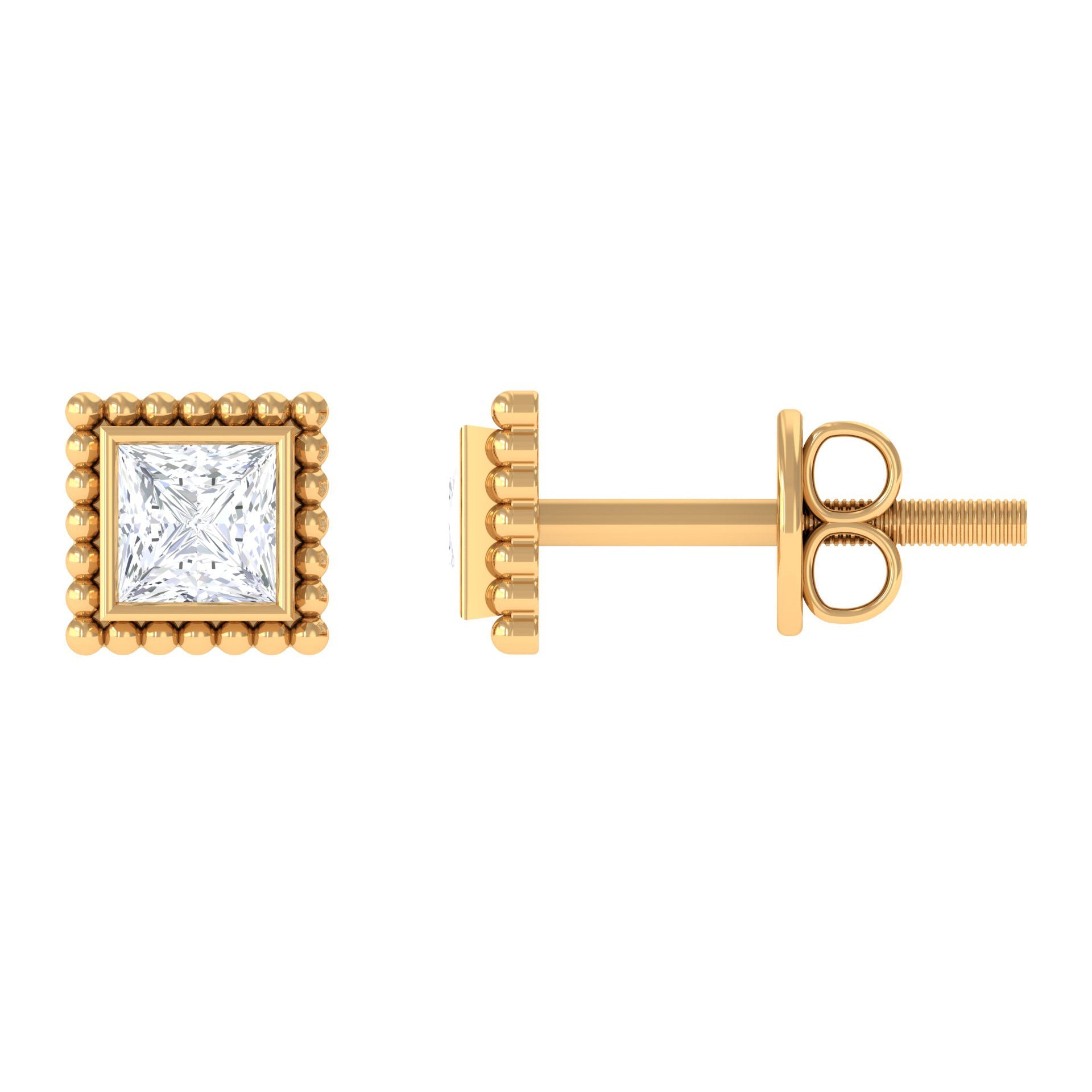 1/4 CT Real Diamond Solitaire Gold Beaded Stud Earrings
