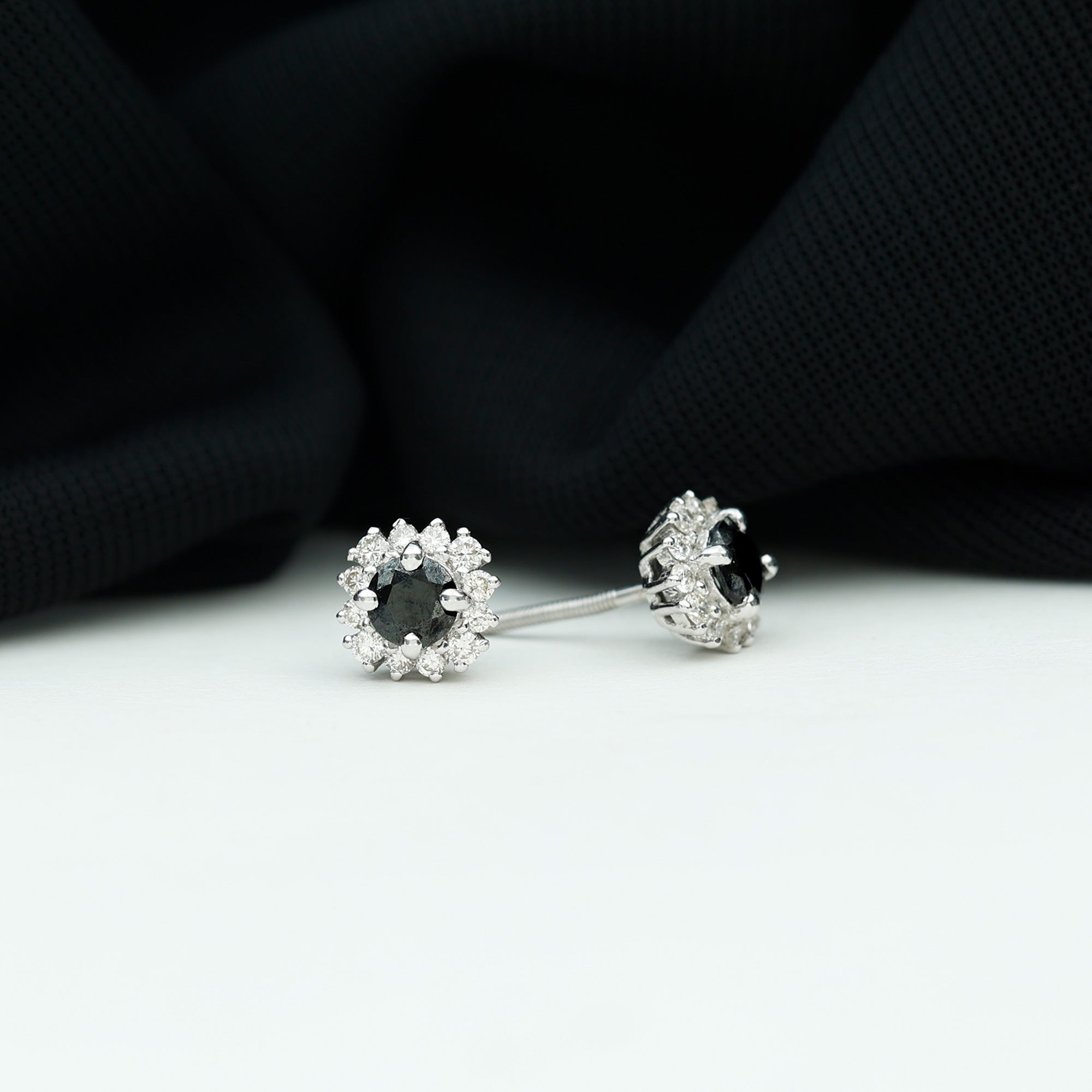 0.44 Carat Black Onyx and Diamond Halo Stud Earrings