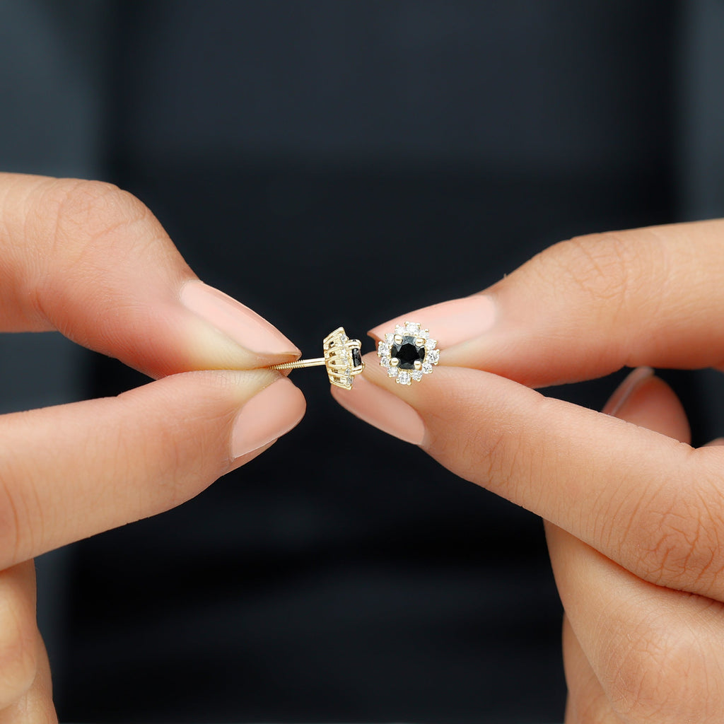 0.44 Carat Black Onyx and Diamond Halo Stud Earrings