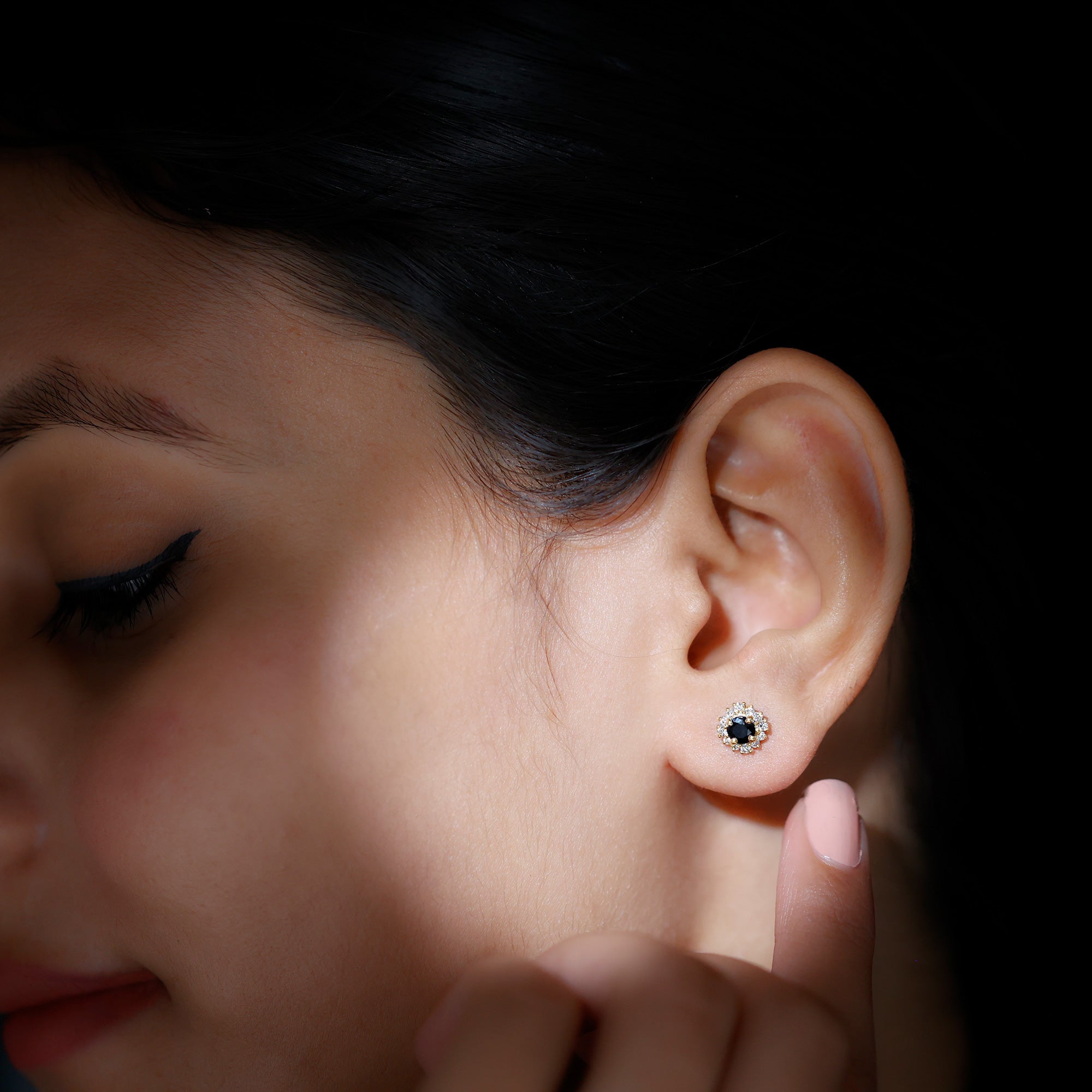0.44 Carat Black Onyx and Diamond Halo Stud Earrings