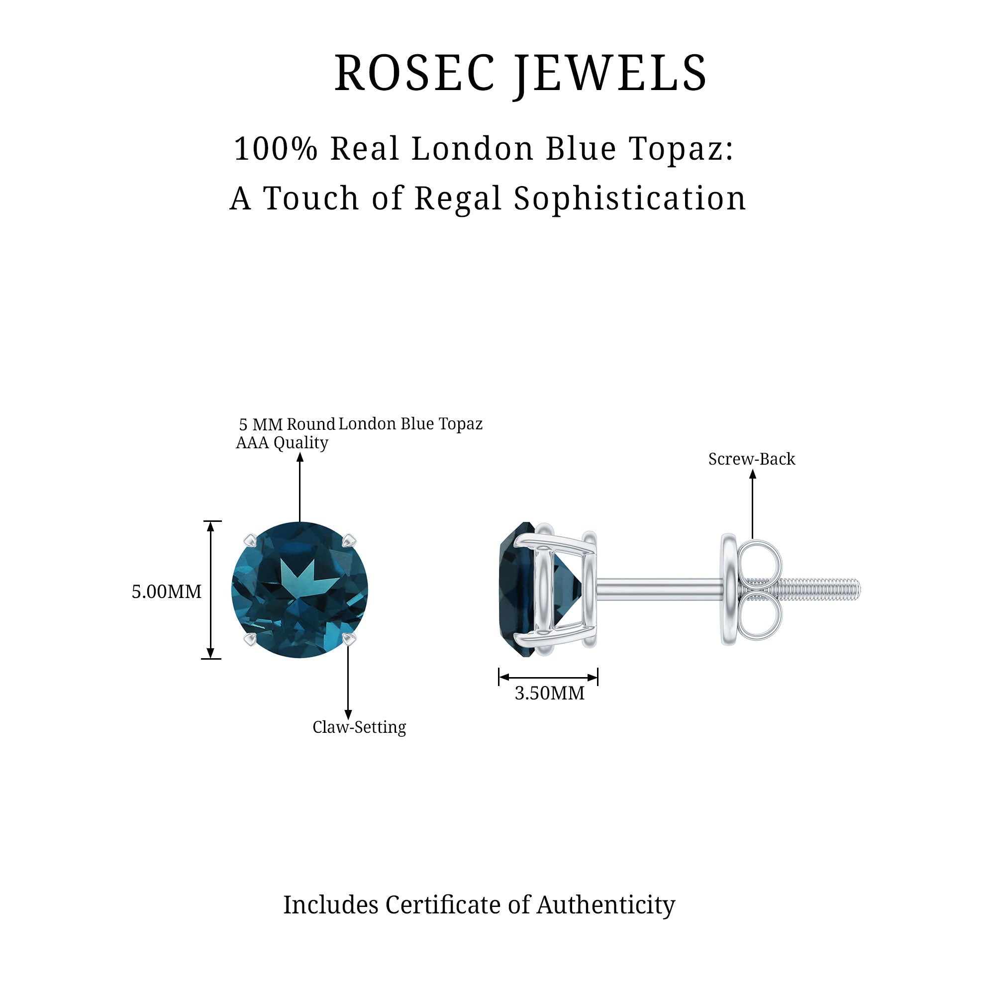 Genuine London Blue Topaz Solitaire Stud Earrings in Prong Setting
