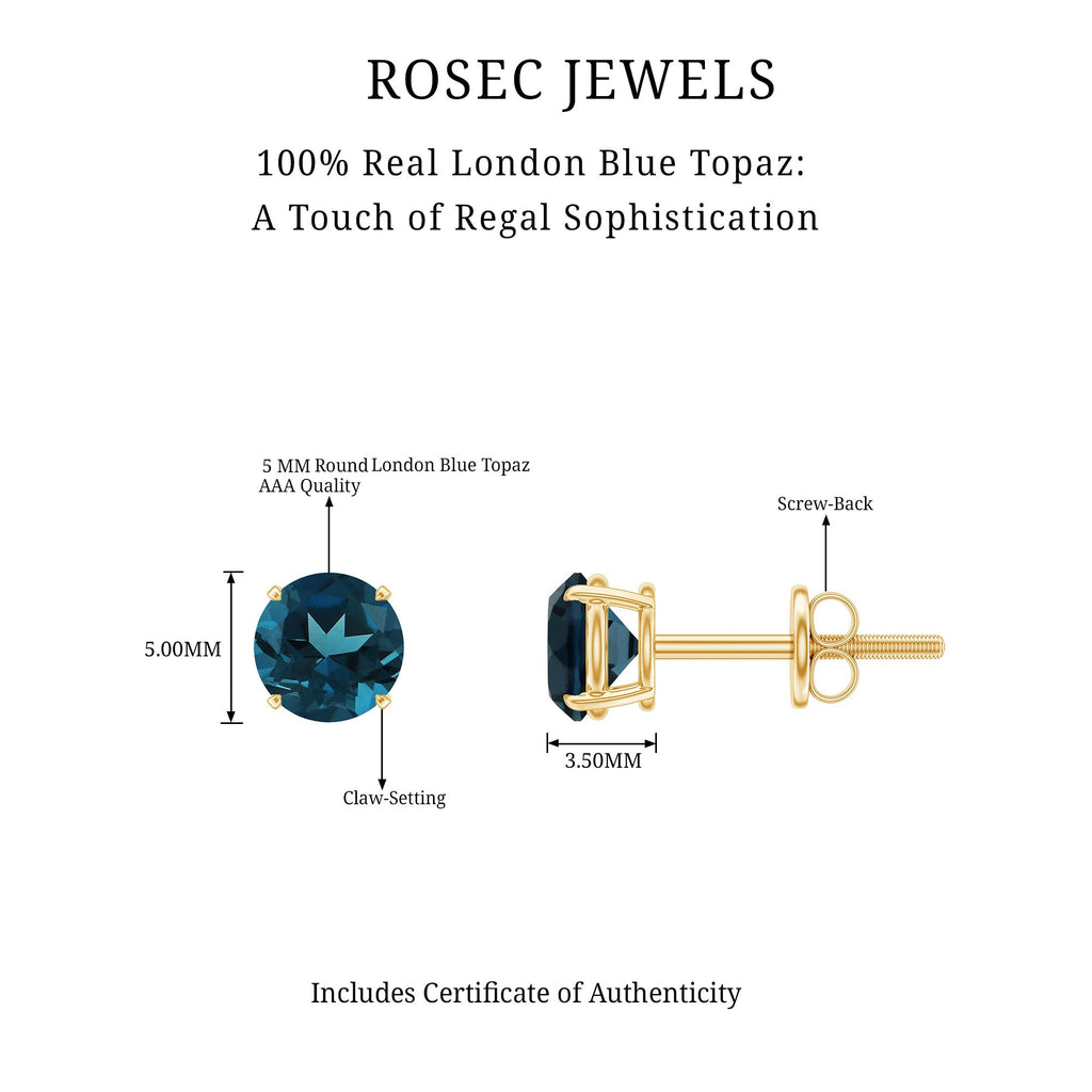 Genuine London Blue Topaz Solitaire Stud Earrings in Prong Setting