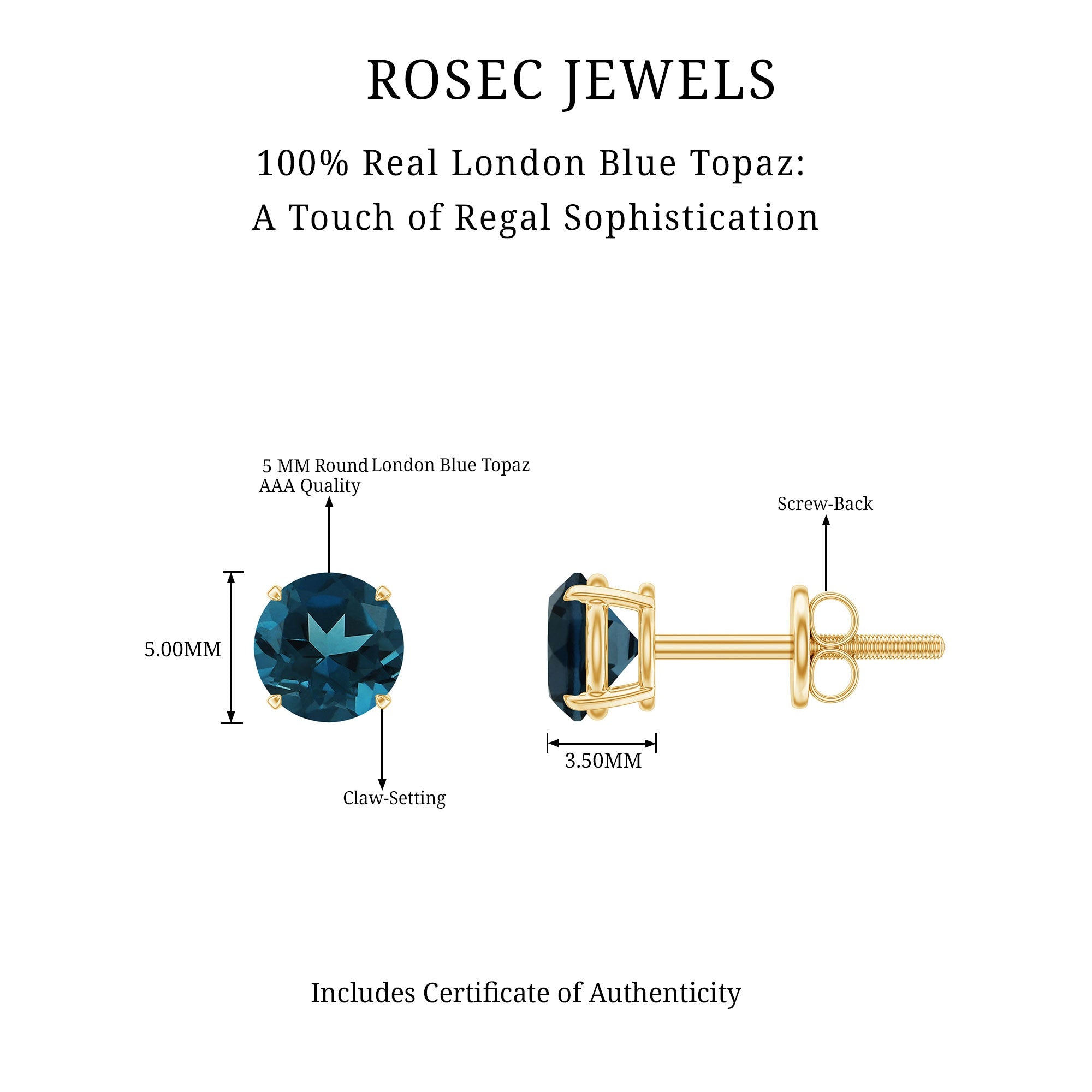 Genuine London Blue Topaz Solitaire Stud Earrings in Prong Setting