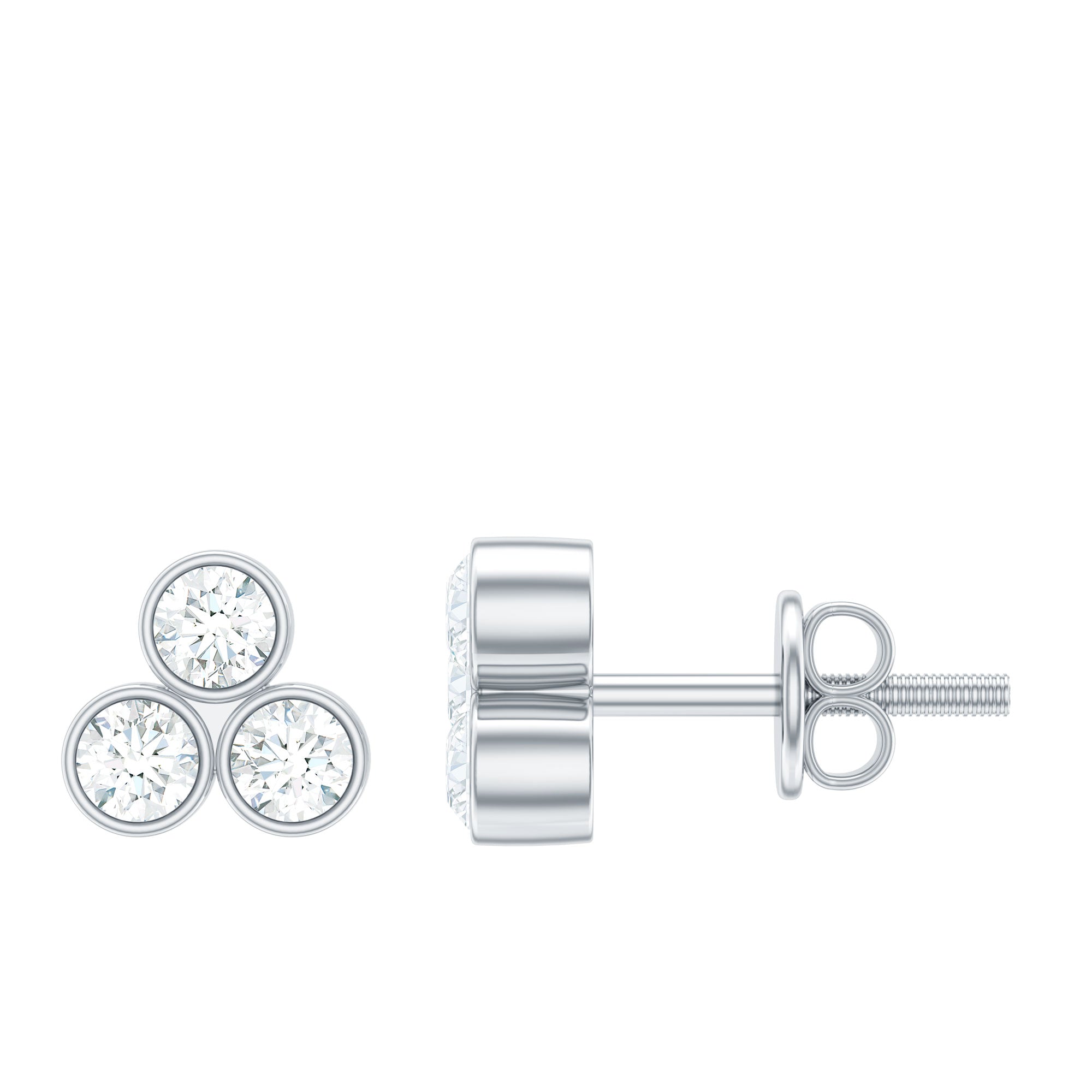 Bezel Set Round Cut Moissanite Three Stone Stud Earrings