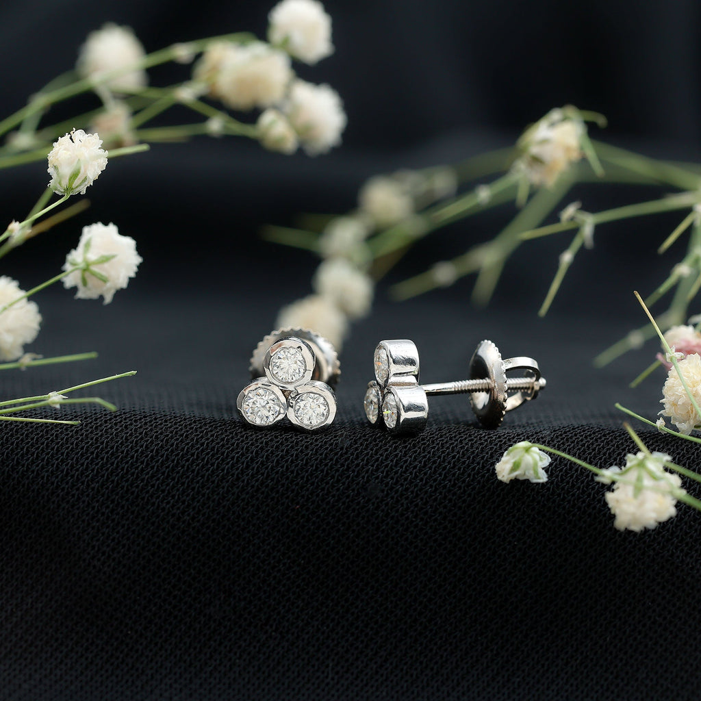 Bezel Set Round Cut Moissanite Three Stone Stud Earrings