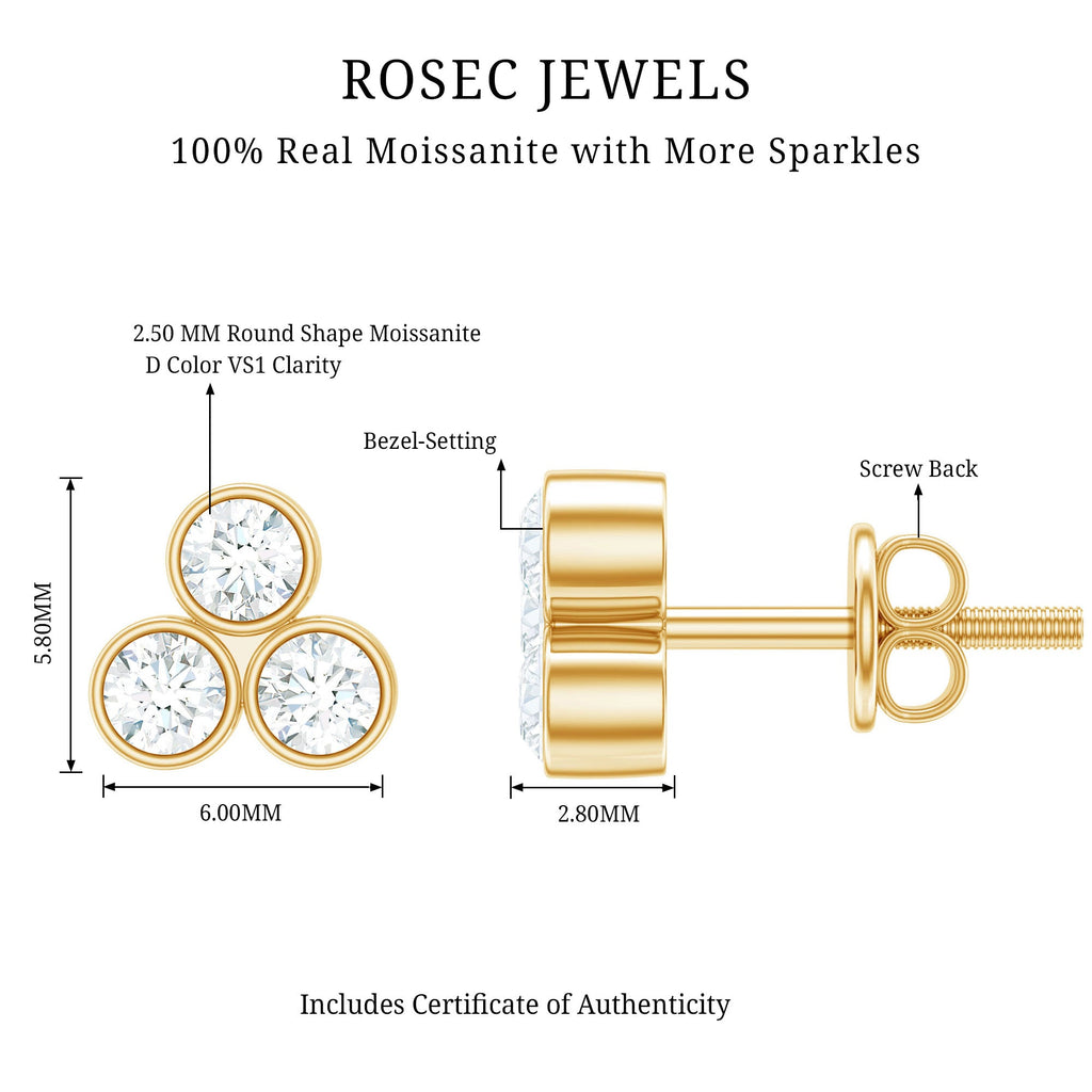 Bezel Set Round Cut Moissanite Three Stone Stud Earrings