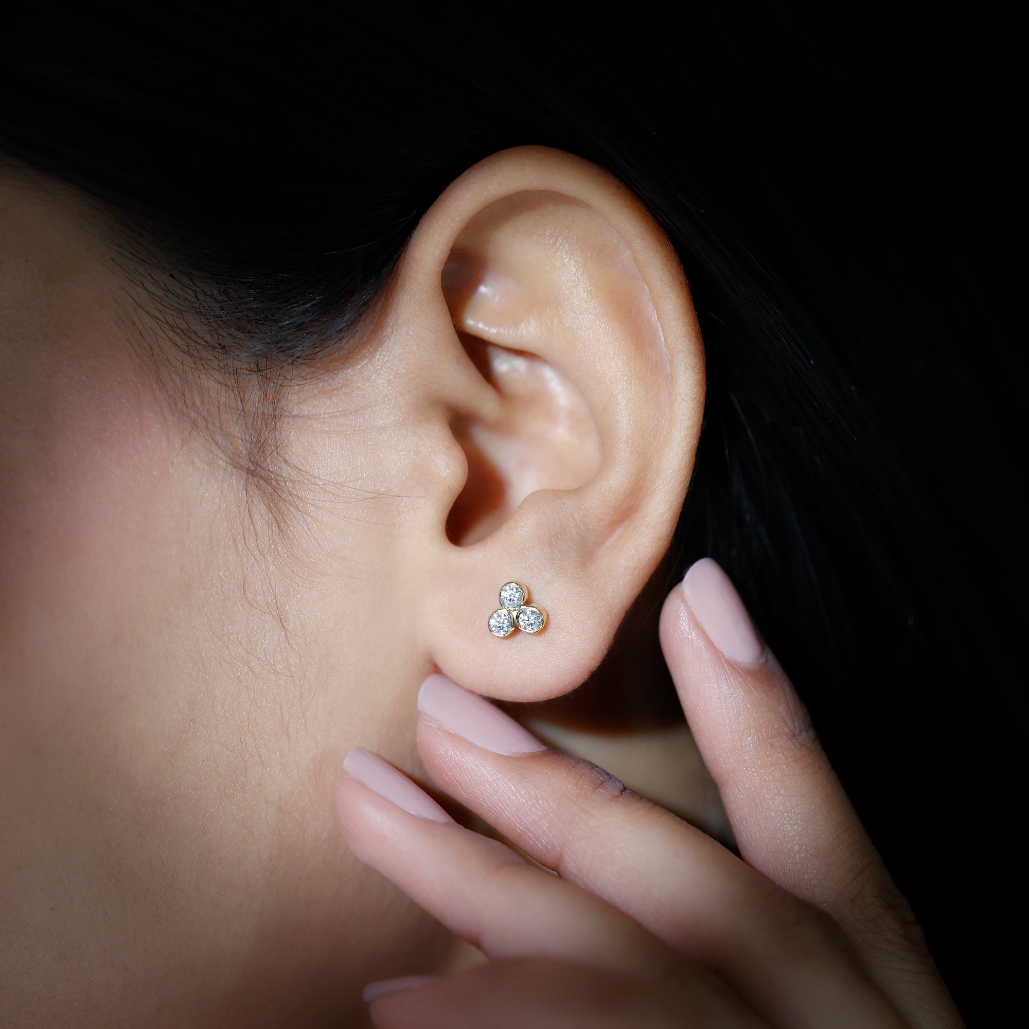 Bezel Set Round Cut Moissanite Three Stone Stud Earrings