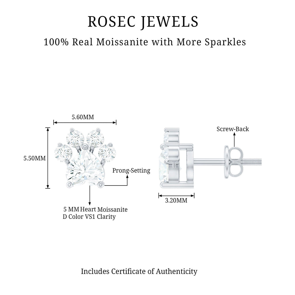 Heart and Round Shape Moissanite Paw Stud Earrings