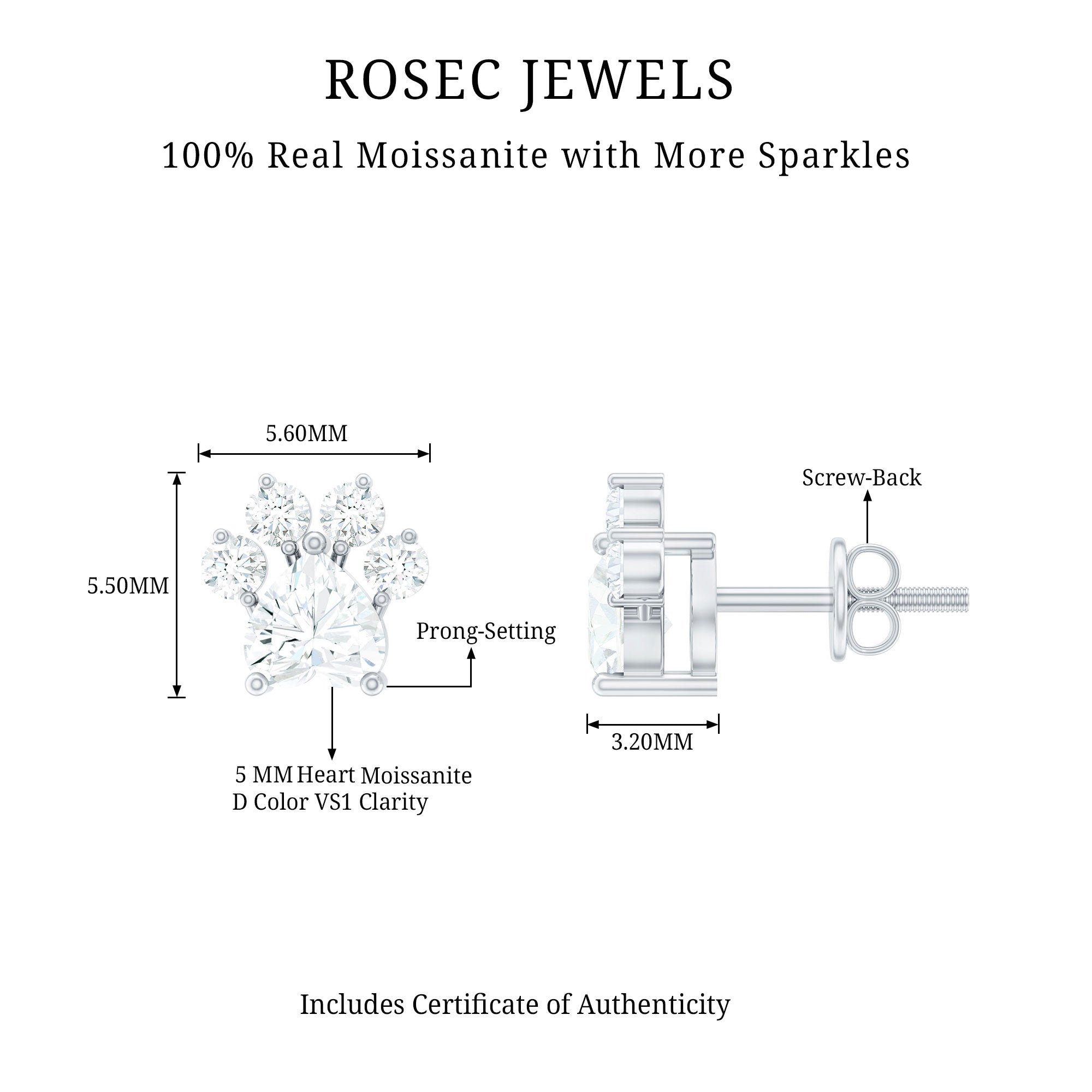Heart and Round Shape Moissanite Paw Stud Earrings