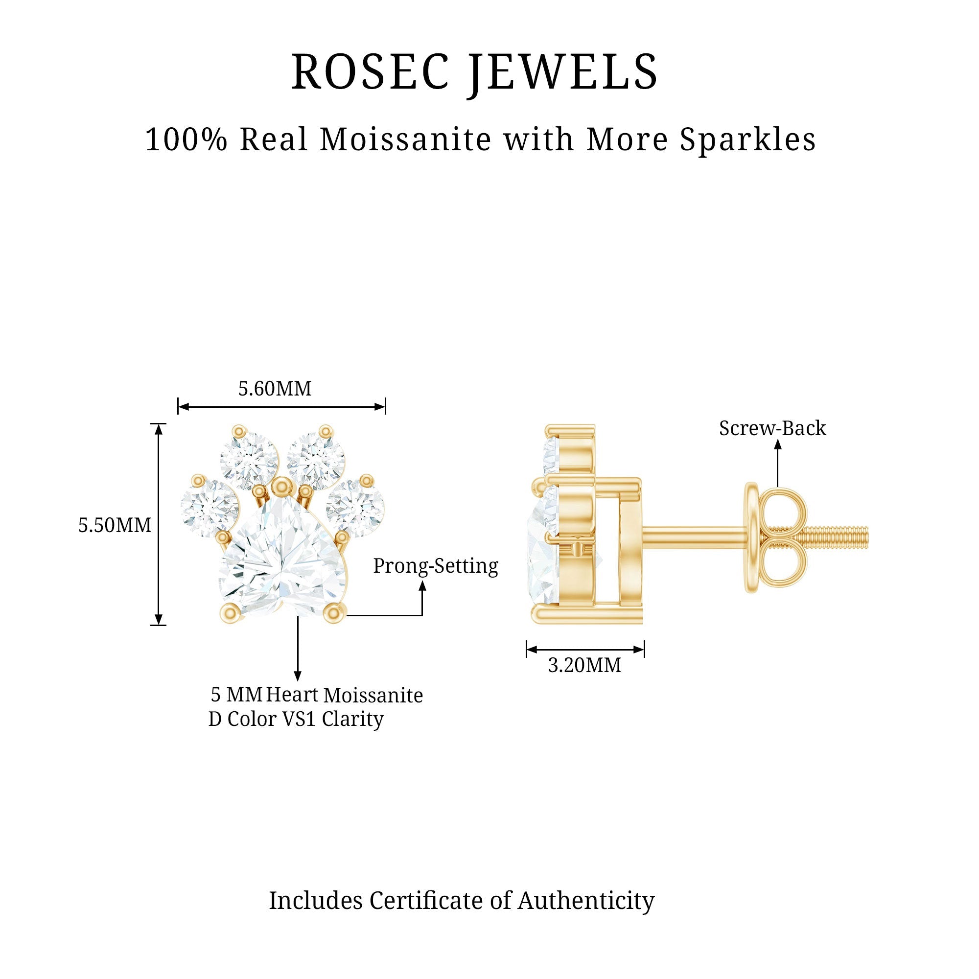 Heart and Round Shape Moissanite Paw Stud Earrings