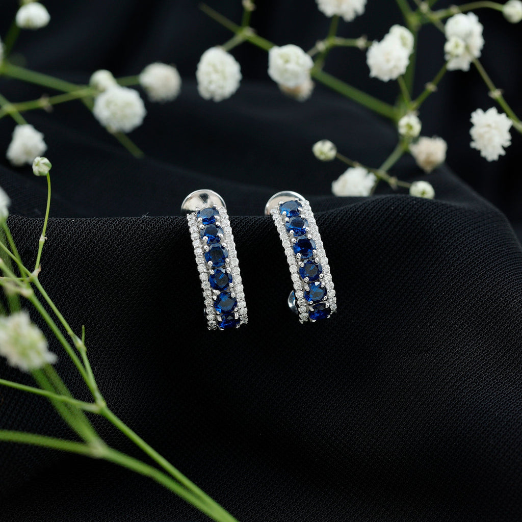 Certified Lab Created Blue Sapphire Hoop Earrings With Moissanite