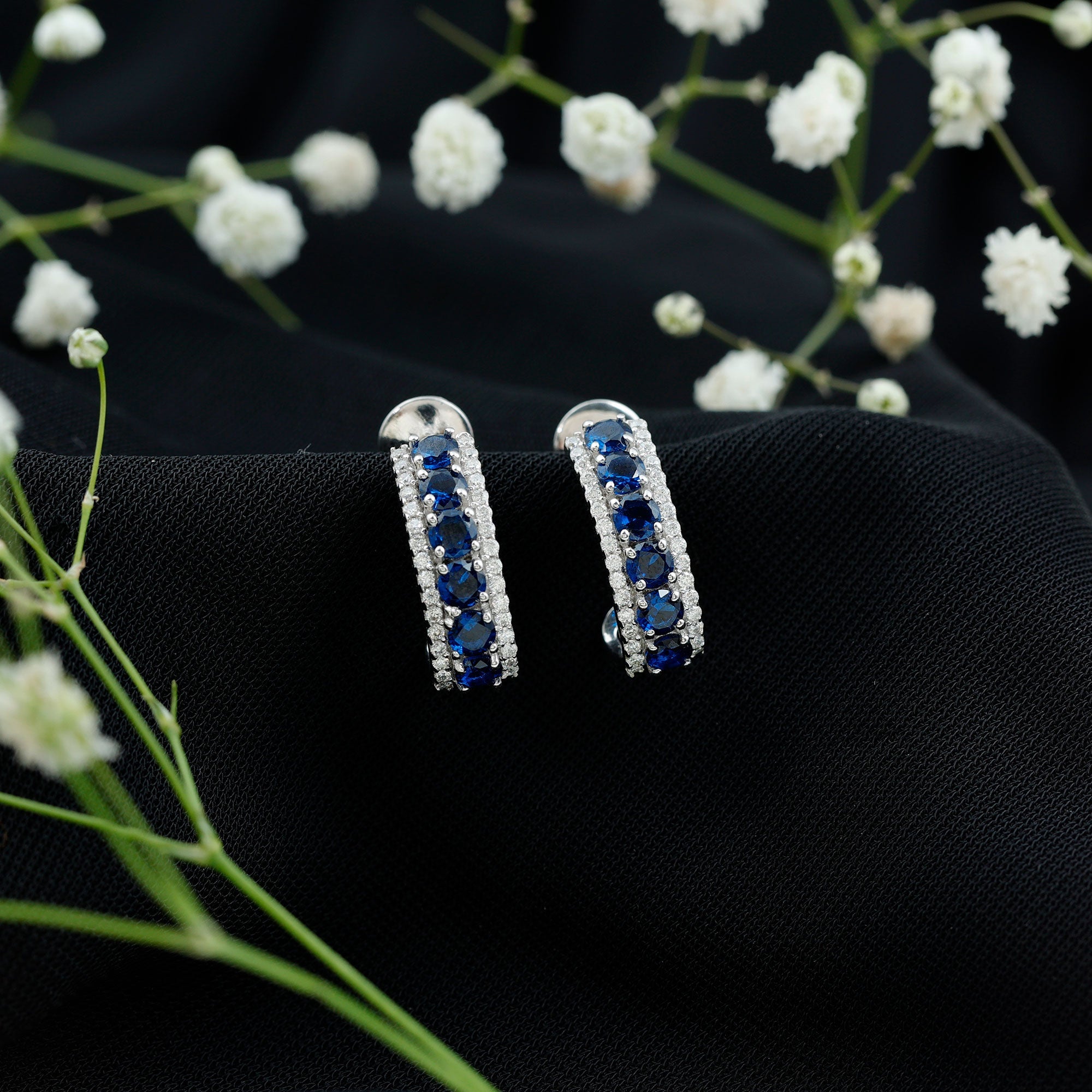 Certified Lab Created Blue Sapphire Hoop Earrings With Moissanite