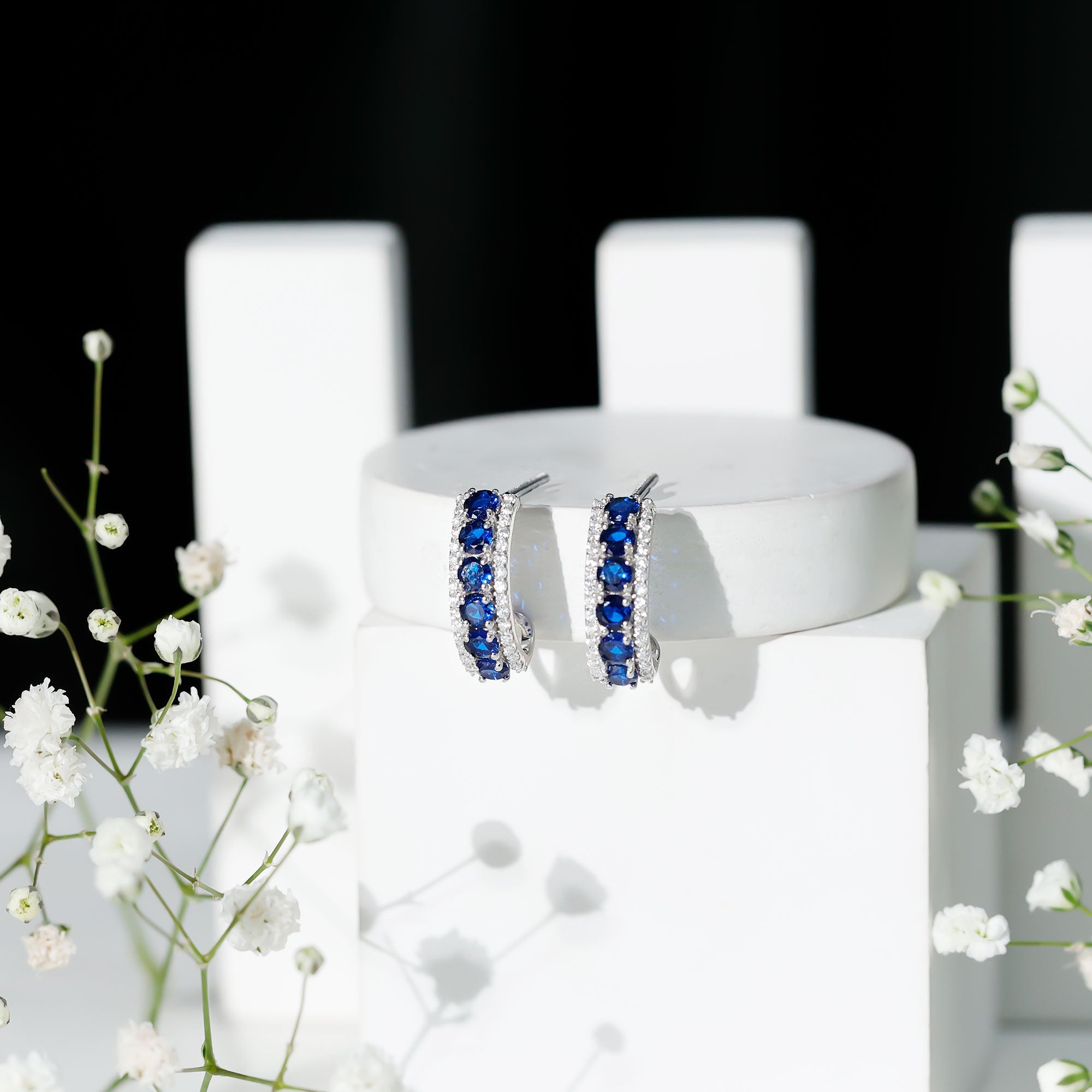 Certified Lab Created Blue Sapphire Hoop Earrings With Moissanite