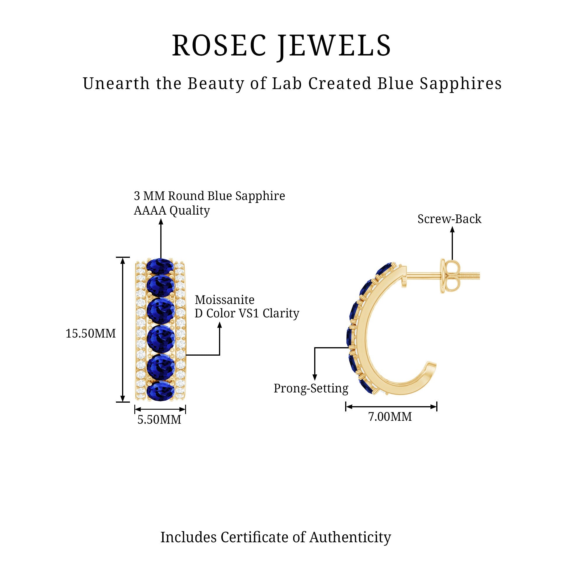 Certified Lab Created Blue Sapphire Hoop Earrings With Moissanite