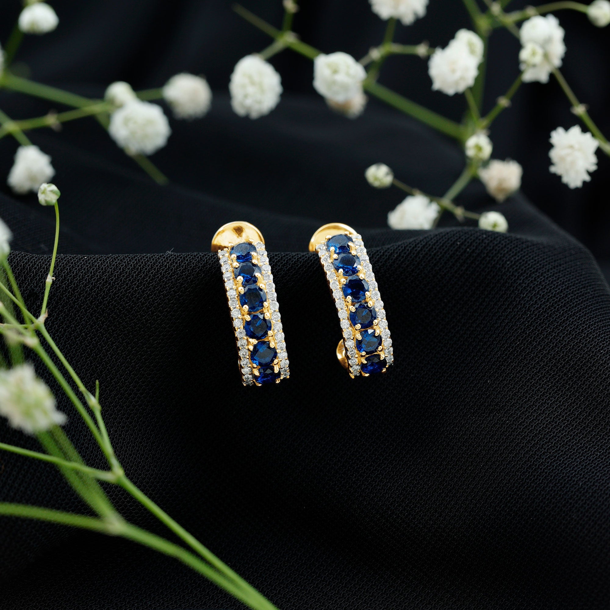 Certified Lab Created Blue Sapphire Hoop Earrings With Moissanite