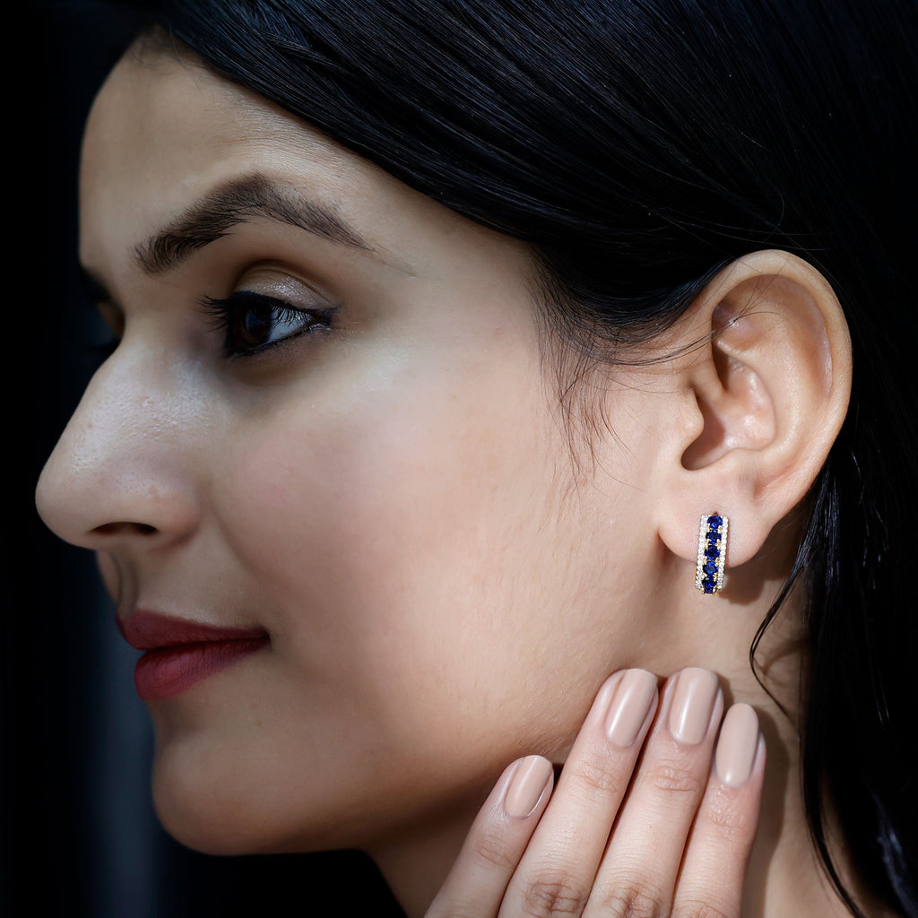 Certified Lab Created Blue Sapphire Hoop Earrings With Moissanite