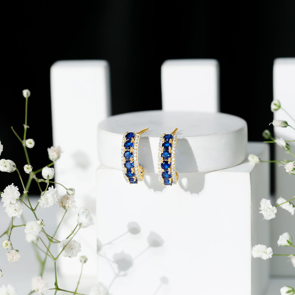 Certified Lab Created Blue Sapphire Hoop Earrings With Moissanite
