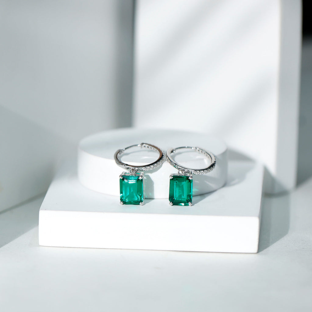 Certified Lab Created Emerald Hoop Drop Earrings For Women