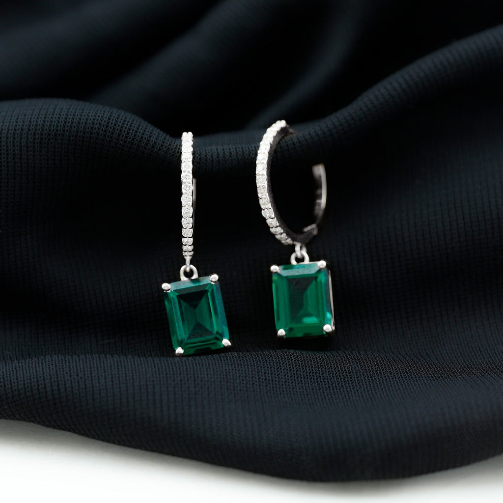 Certified Lab Created Emerald Hoop Drop Earrings For Women