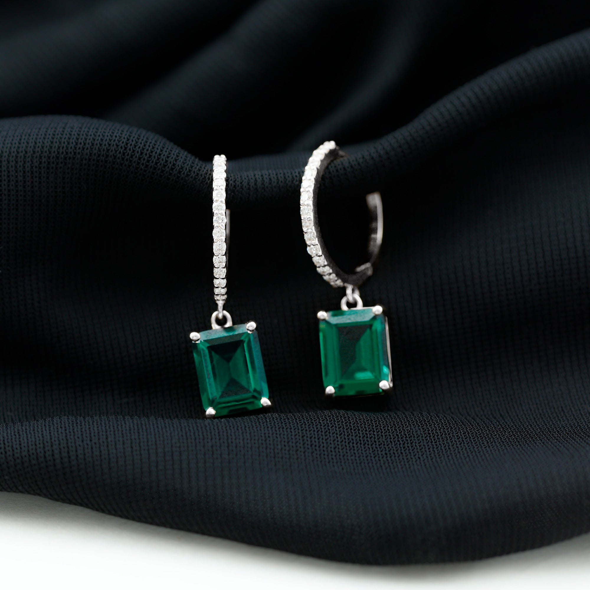 Certified Lab Created Emerald Hoop Drop Earrings For Women