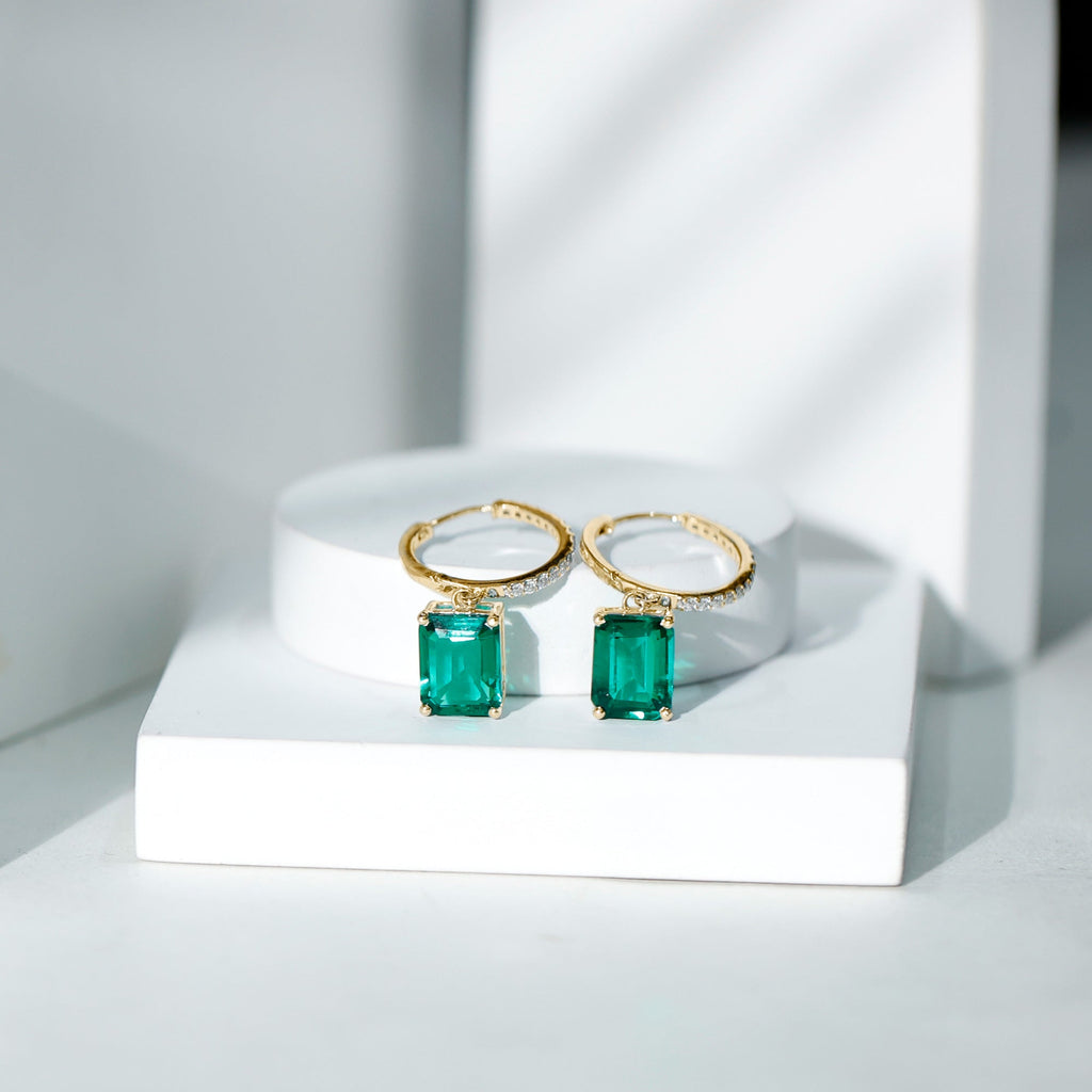 Certified Lab Created Emerald Hoop Drop Earrings For Women