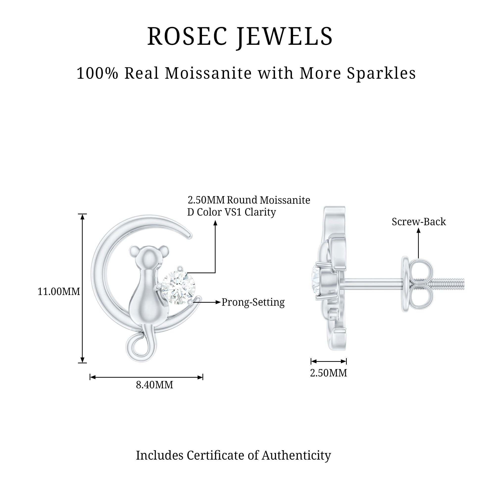 Certified Cat Moon Earrings with Moissanite