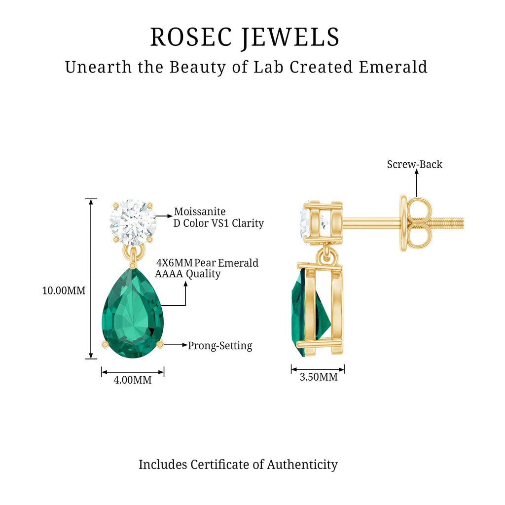 Pear Cut Lab Created Emerald and Moissanite Teardrop Earrings