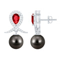 Tahitian Black Pearl Drop Earrings with Lab Grown Ruby