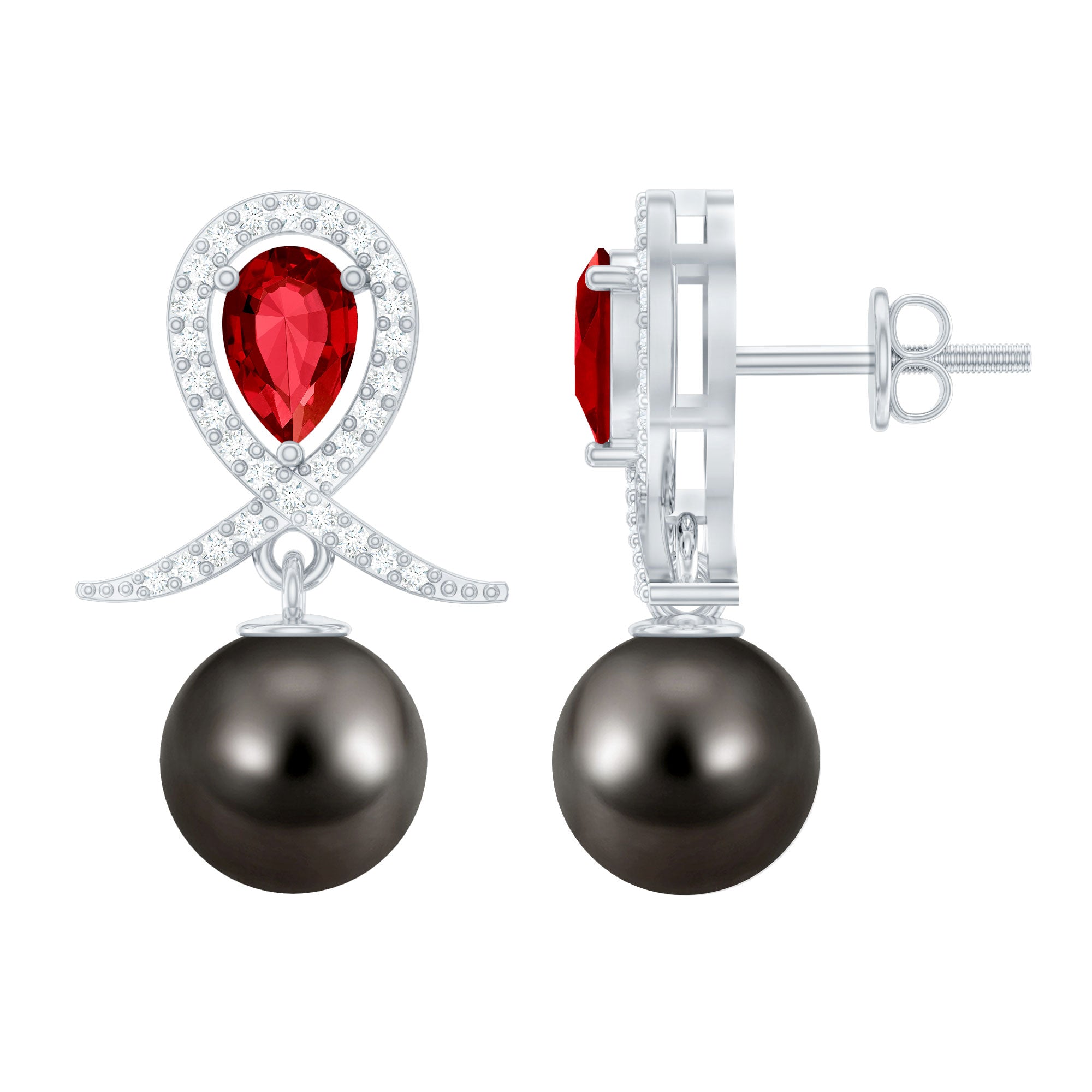 Tahitian Black Pearl Drop Earrings with Lab Grown Ruby