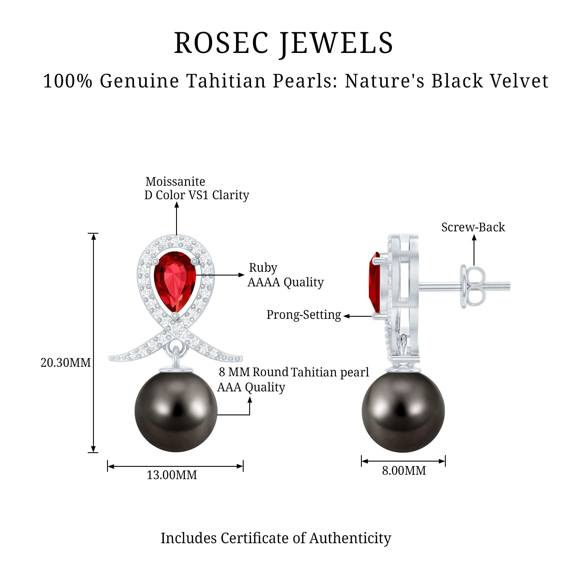 Tahitian Black Pearl Drop Earrings with Lab Grown Ruby