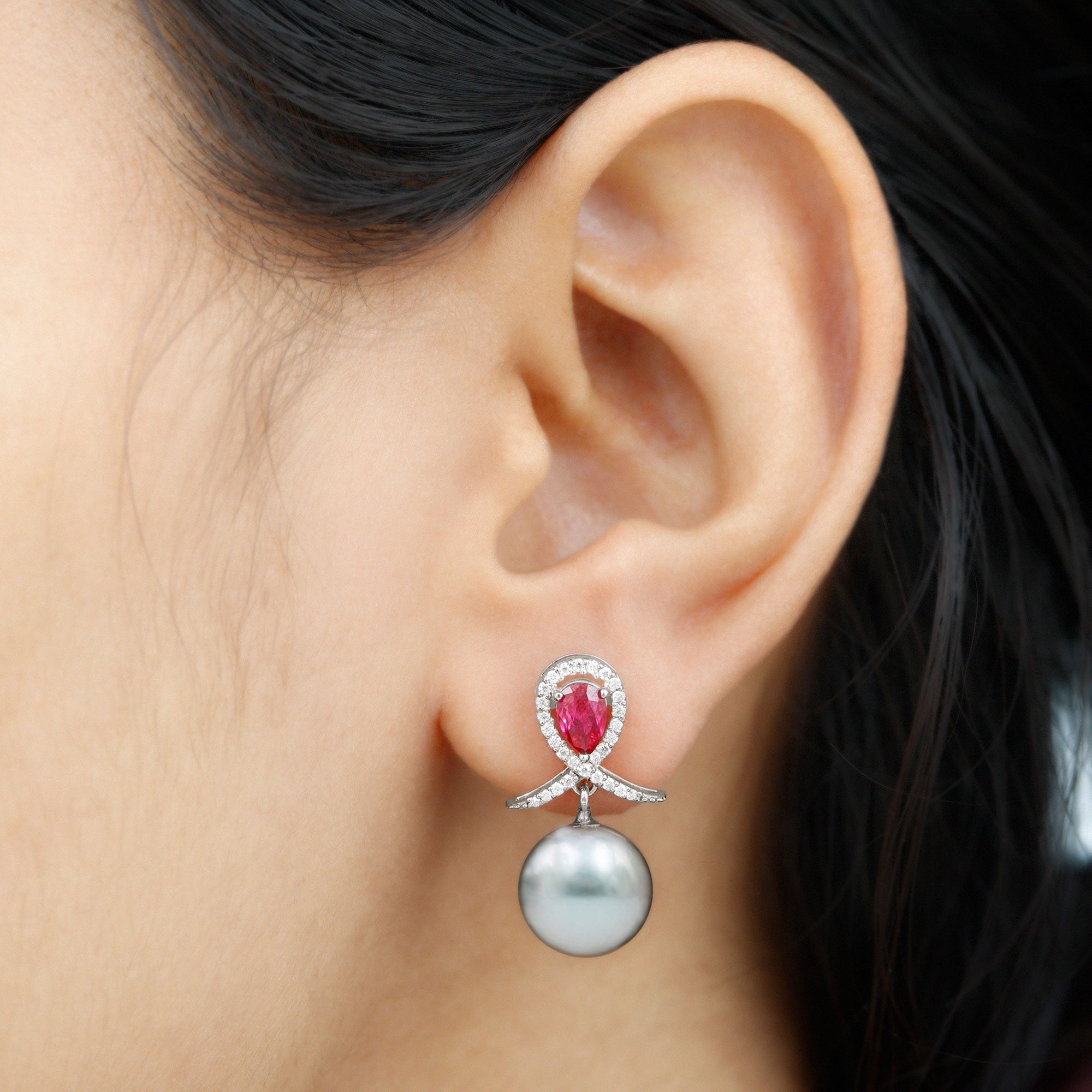 Tahitian Black Pearl Drop Earrings with Lab Grown Ruby