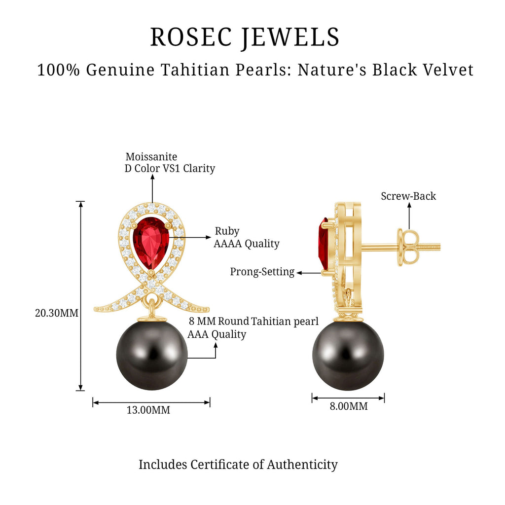 Tahitian Black Pearl Drop Earrings with Lab Grown Ruby