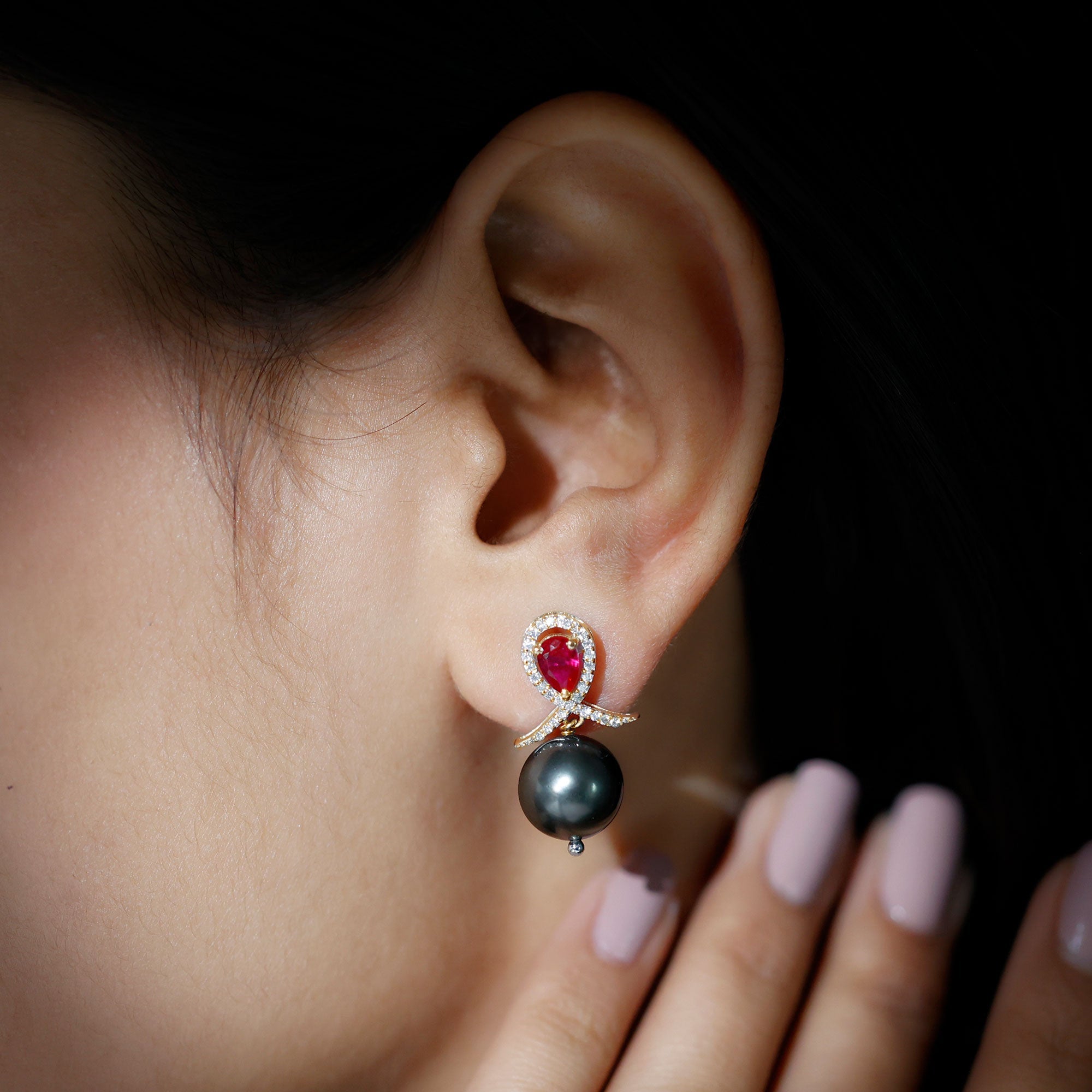 Tahitian Black Pearl Drop Earrings with Lab Grown Ruby