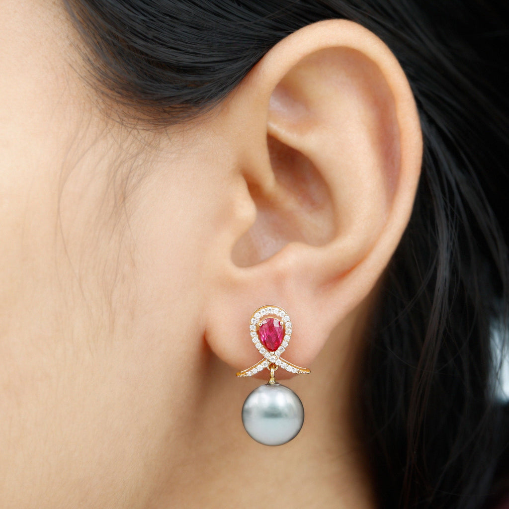 Tahitian Black Pearl Drop Earrings with Lab Grown Ruby