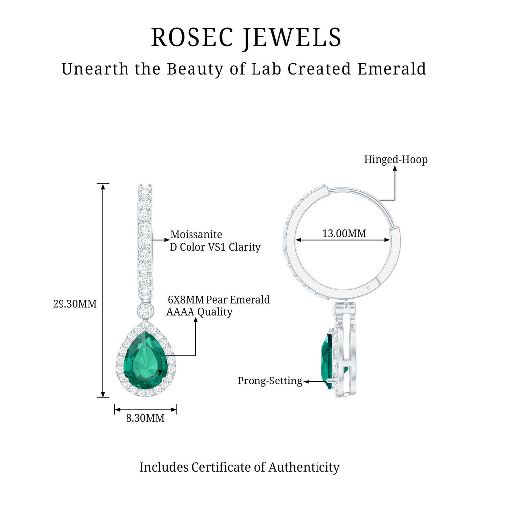 Pear Cut Lab Created Emerald Drop Earrings with Moissanite