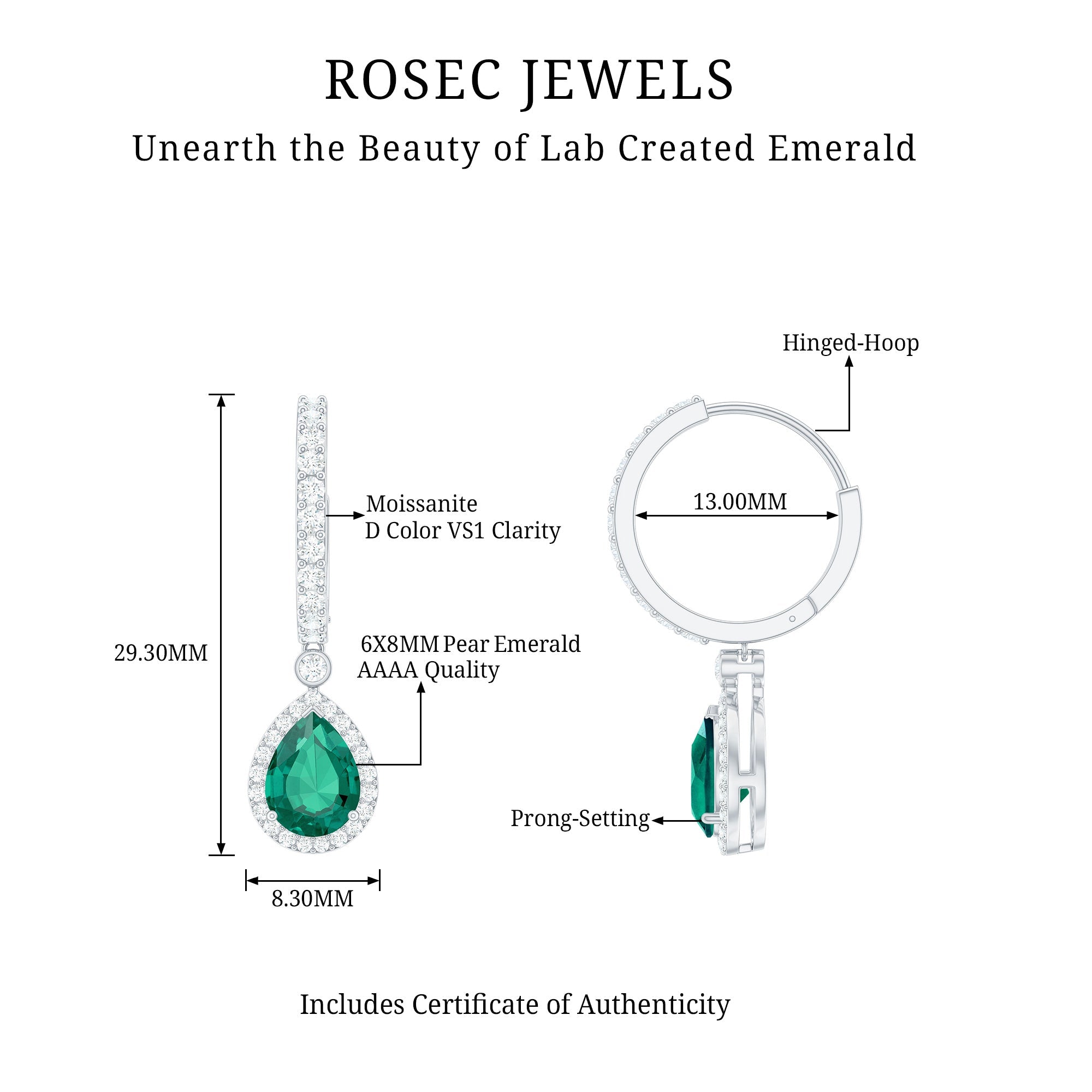 Pear Cut Lab Created Emerald Drop Earrings with Moissanite