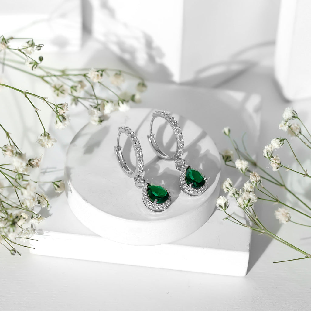 Pear Cut Lab Created Emerald Drop Earrings with Moissanite