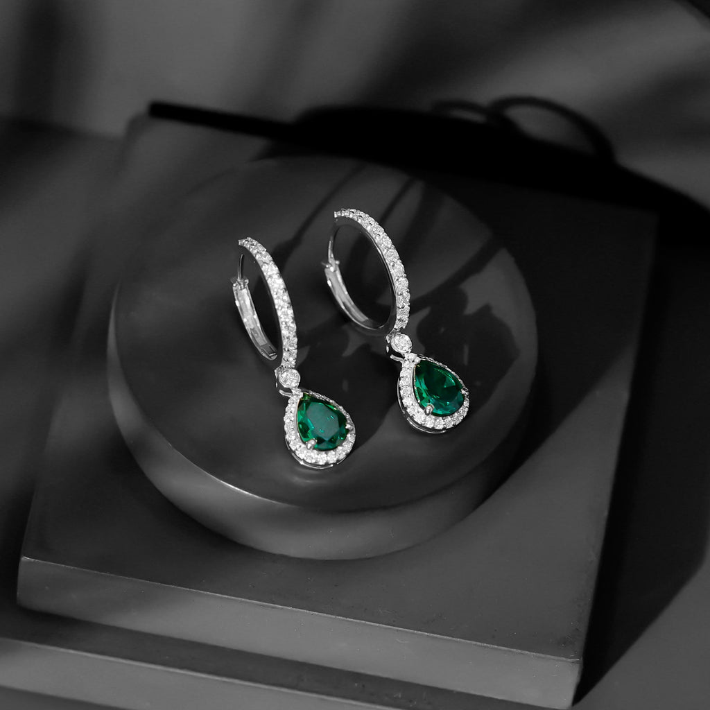 Pear Cut Lab Created Emerald Drop Earrings with Moissanite