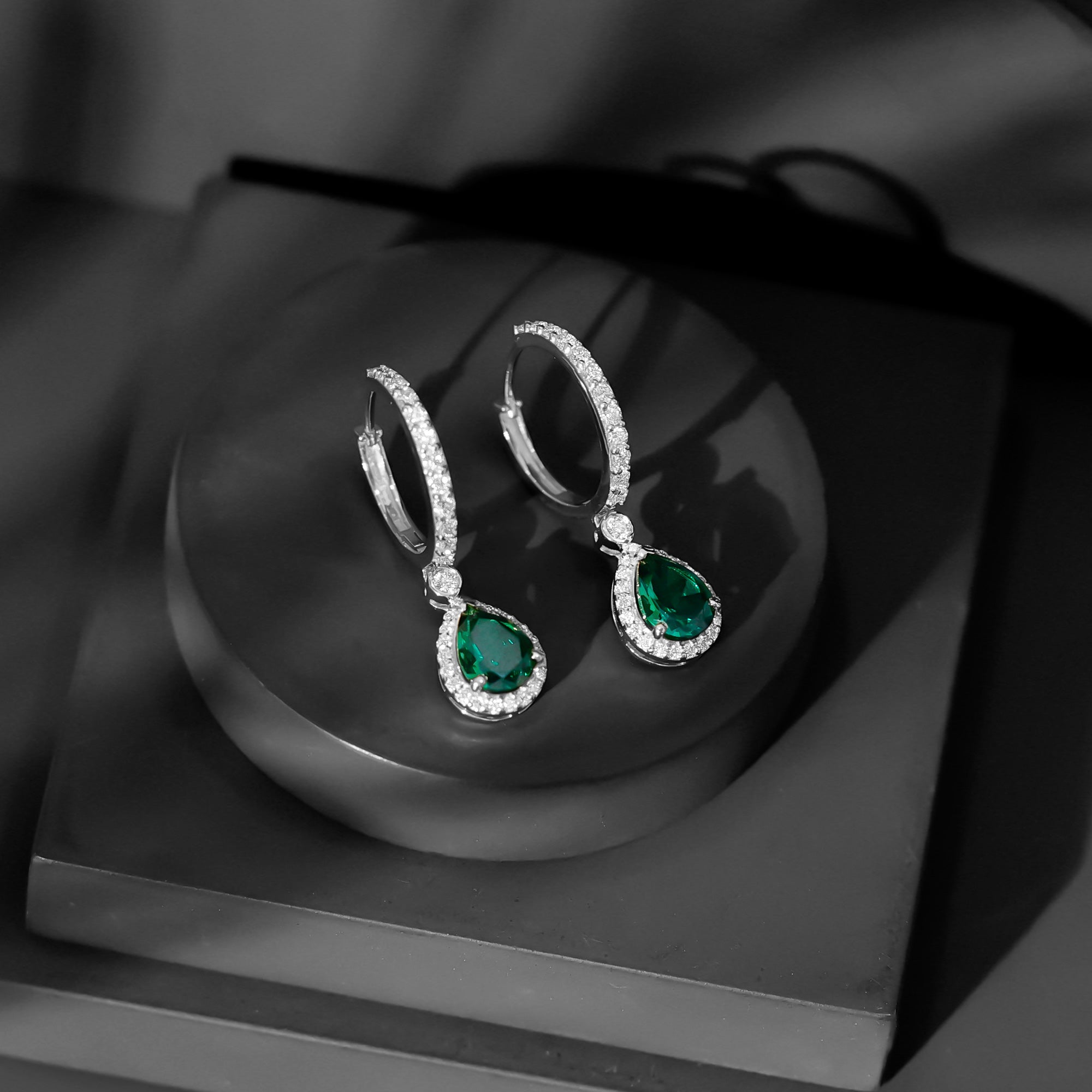 Pear Cut Lab Created Emerald Drop Earrings with Moissanite
