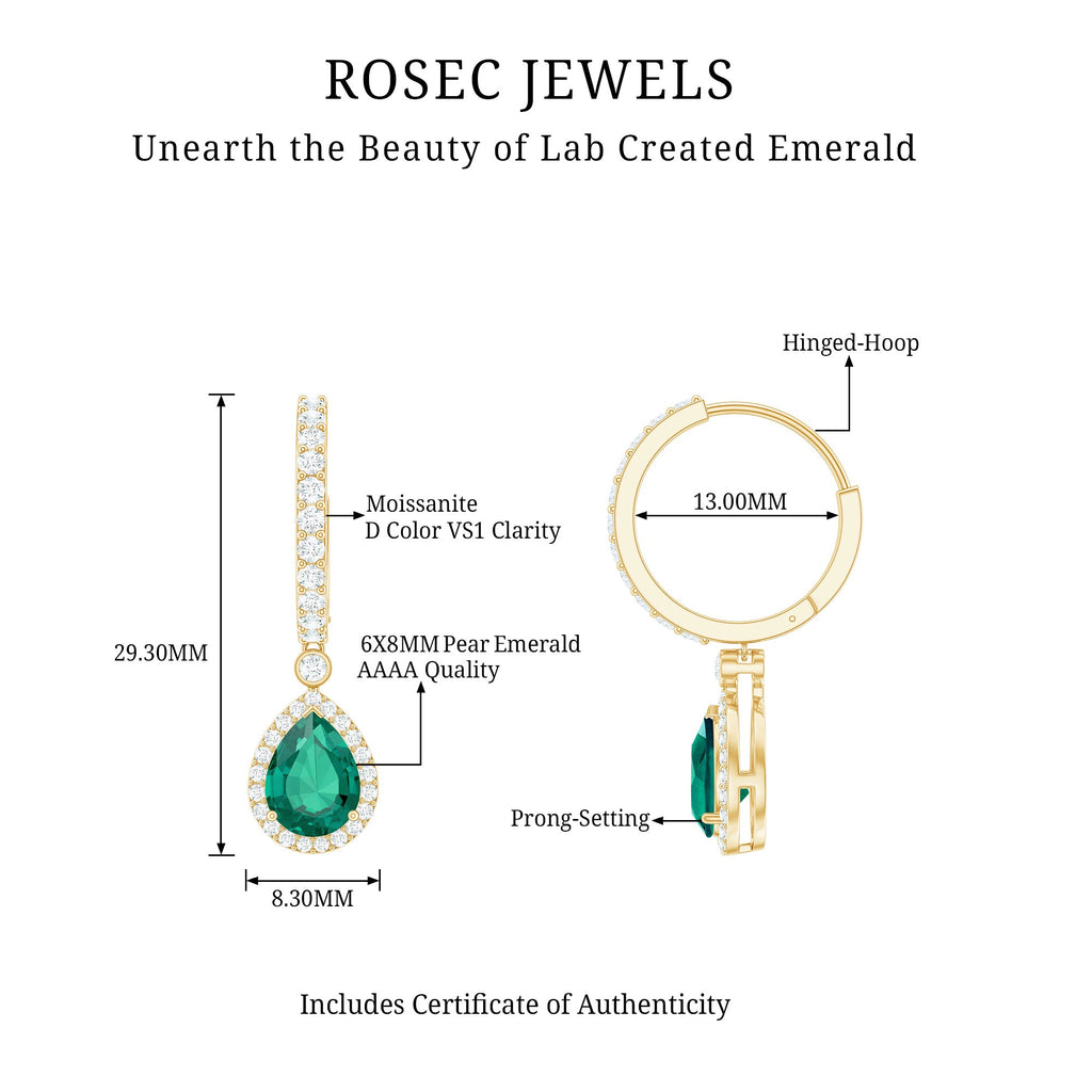 Pear Cut Lab Created Emerald Drop Earrings with Moissanite