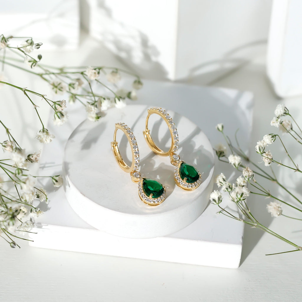 Pear Cut Lab Created Emerald Drop Earrings with Moissanite